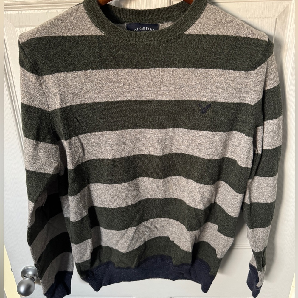 American Eagle Men’s Sweater - Size Large - Grey & Green Stripes, 100% Cotton